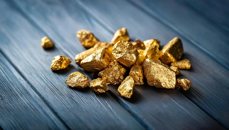 Raw gold nuggets on a dark wooden surface